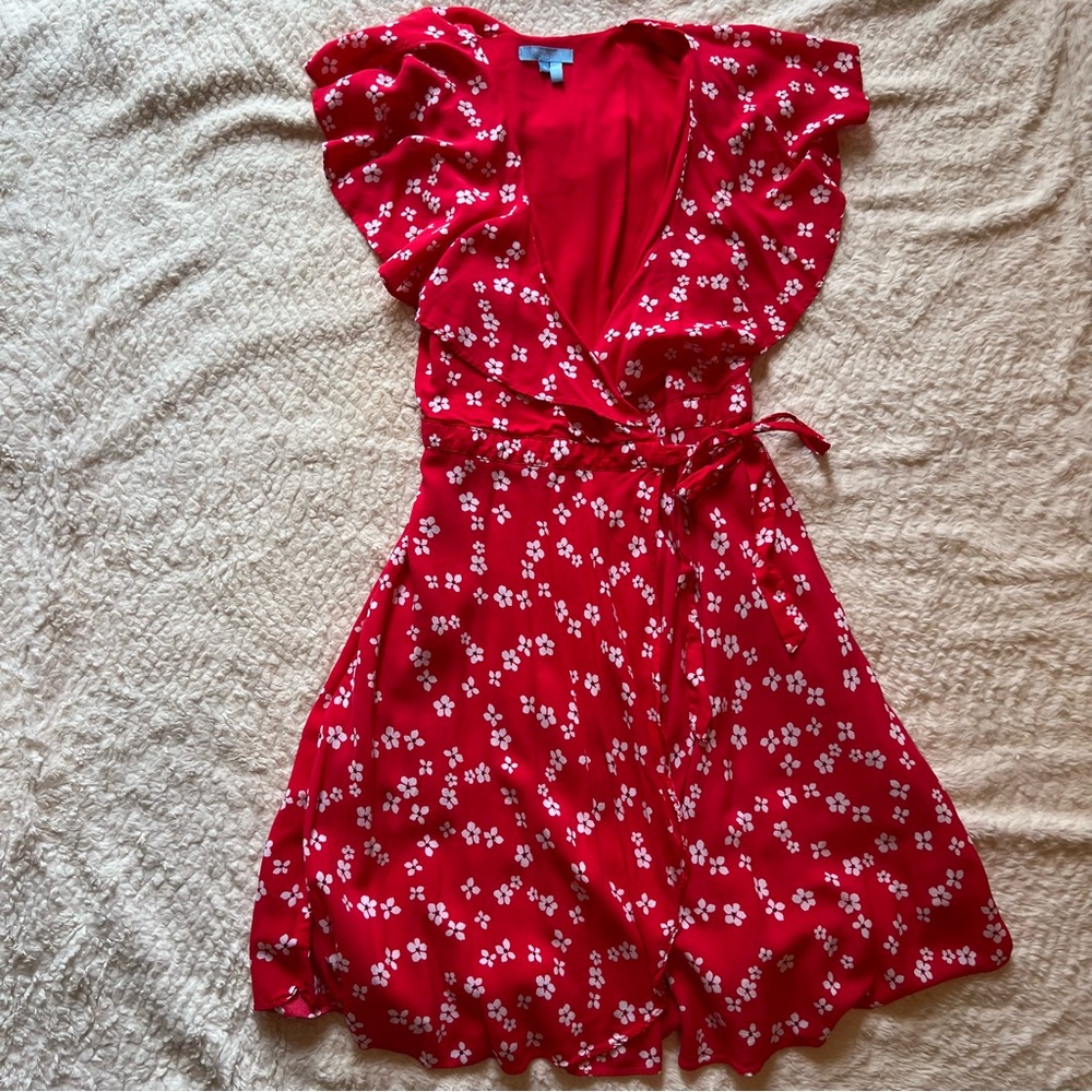 Draper James | Red Floral Wrap Dress Flutter Sleeve V-neck Ruffle Small S EUC
